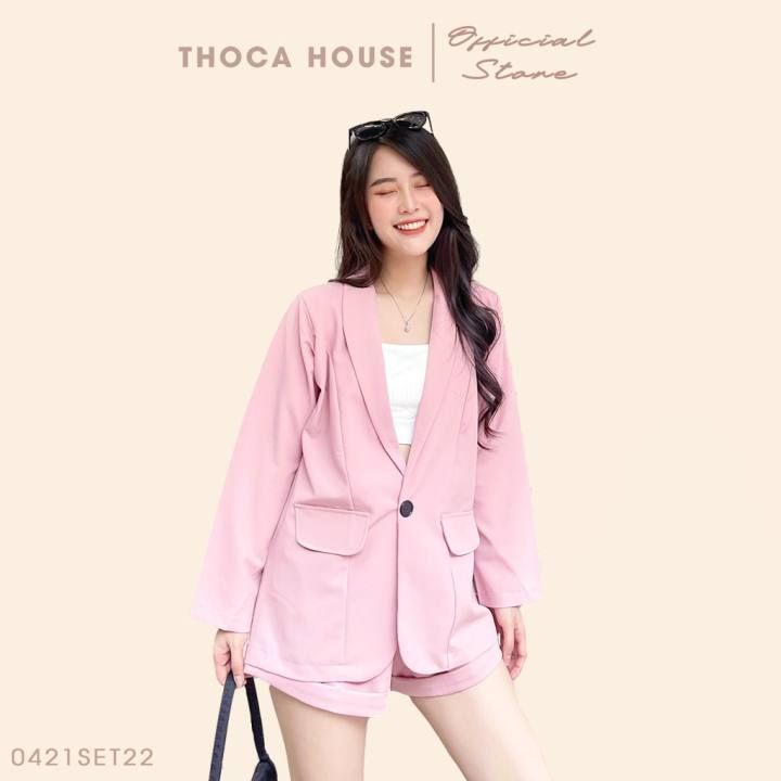 Set vest hồng công sở nữ - Blazer tay dài túi nấp phối quần short săn lai THOCA HOUSE hàng thiết kế may cao cấp