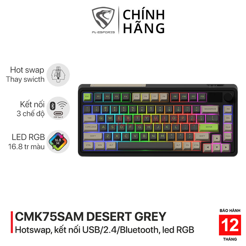 Bàn phím cơ chơi game không dây FL-Esports CMK75SAM Desert Grey 3 Mode RGB - Hotswap - Led RGB - 3 chế độ kết nối - Gateron Pro switch - Pin 3000mAh