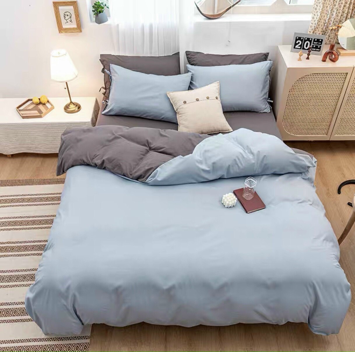 Bộ Chăn Ga Gối Cotton Poly - Xanh Xám Basic ( 1 Drap + 2 Vỏ Gối Nằm + 1 Vỏ Chăn ) Tiệm Nhà Cá