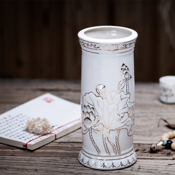 B&igrave;nh ống đựng nhang bằng sứ họa tiết sen nổi m&agrave;u trắng sang trọng cao 23 cm