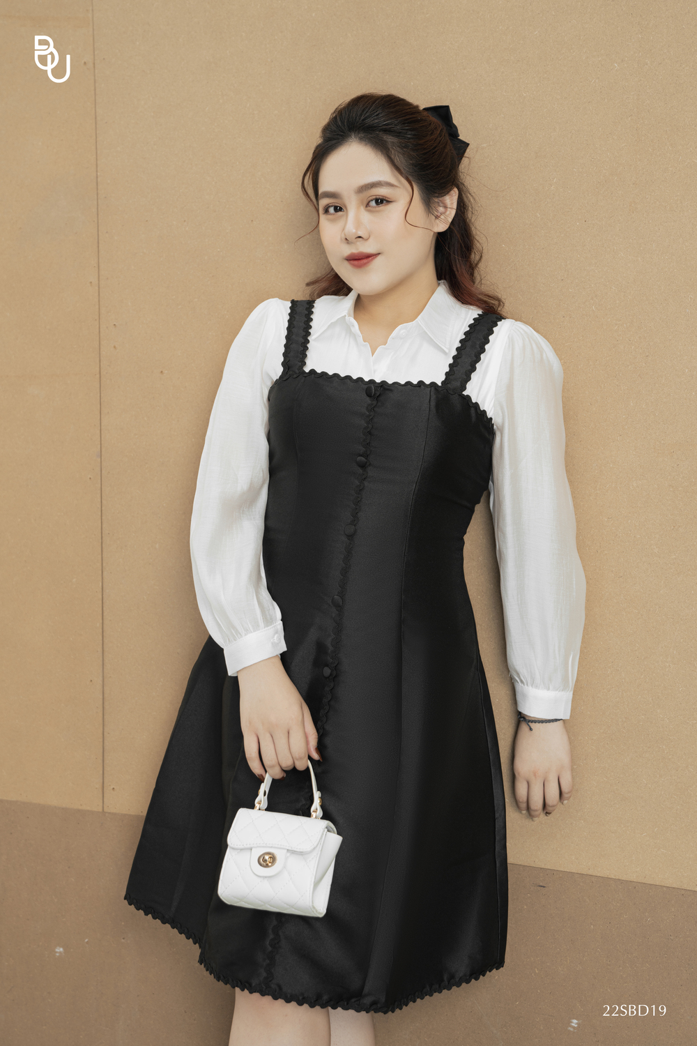 Set yếm 2 dây dài phối ren lượn + áo sơ mi trắng bigsize - 22sbd19 -