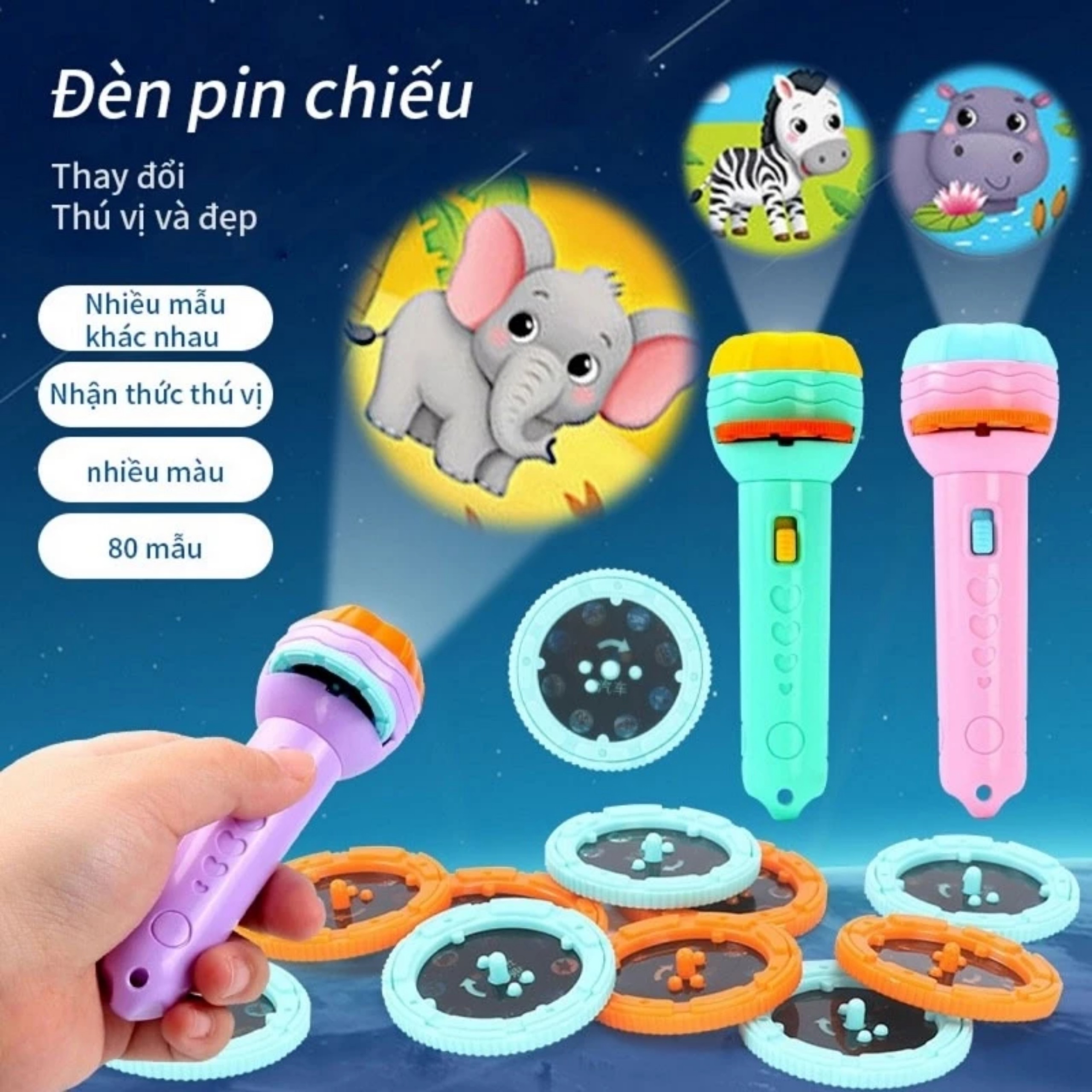 Đèn Pin chiếu hình 24 - 80 hình động vật ngộ nghĩnh cho bé
