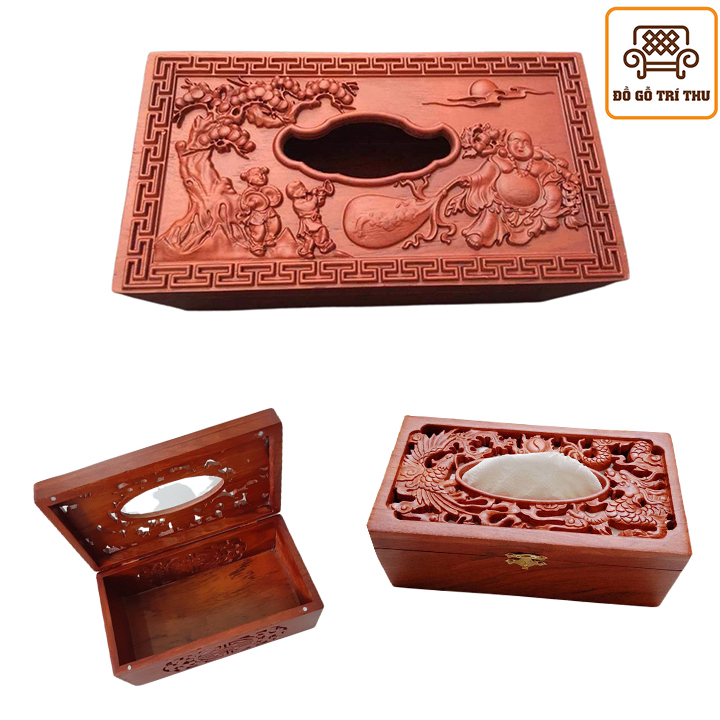 Hộp gỗ đựng khăn giấy ăn hình chữ nhật mặt đục chạm hoa văn tinh xảo