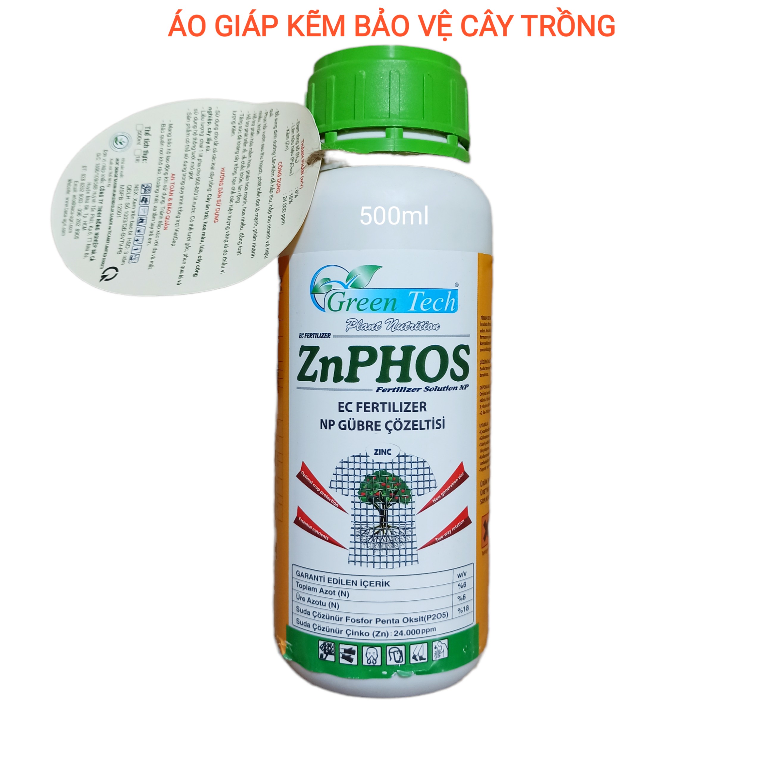 Áo giáp kẽm cho cây trồng zn phos giúp cứng cây,dầy lá- chai 500ml nhập khẩu châu âu
