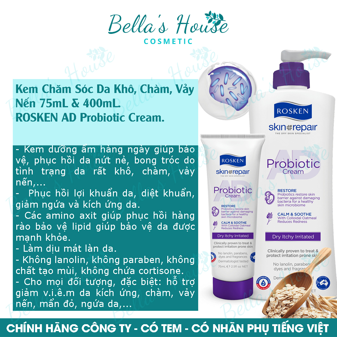 Hcm chăm sóc da khô, chàm, vảy nến - rosken ad probiotic 75ml & 400ml
