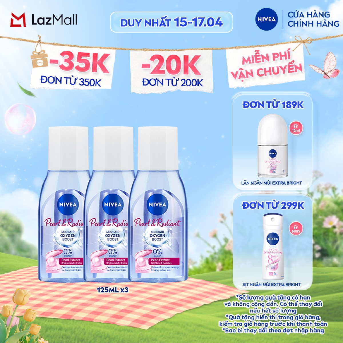Bộ 3 Nước Tẩy Trang NIVEA Pearl  Radiant Micellair Oxygen Boost Micellar Water (125 ml) - 84910x3