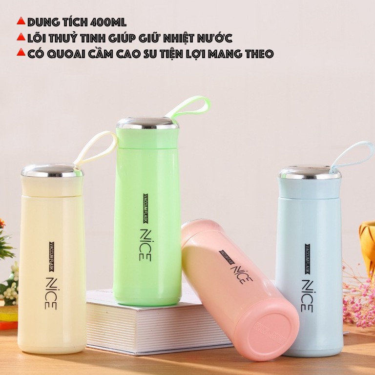 Bình nước, bình nước học sinh - bình giữ nước lõi thuỷ tinh 400ml nice -top mua sắm hcm