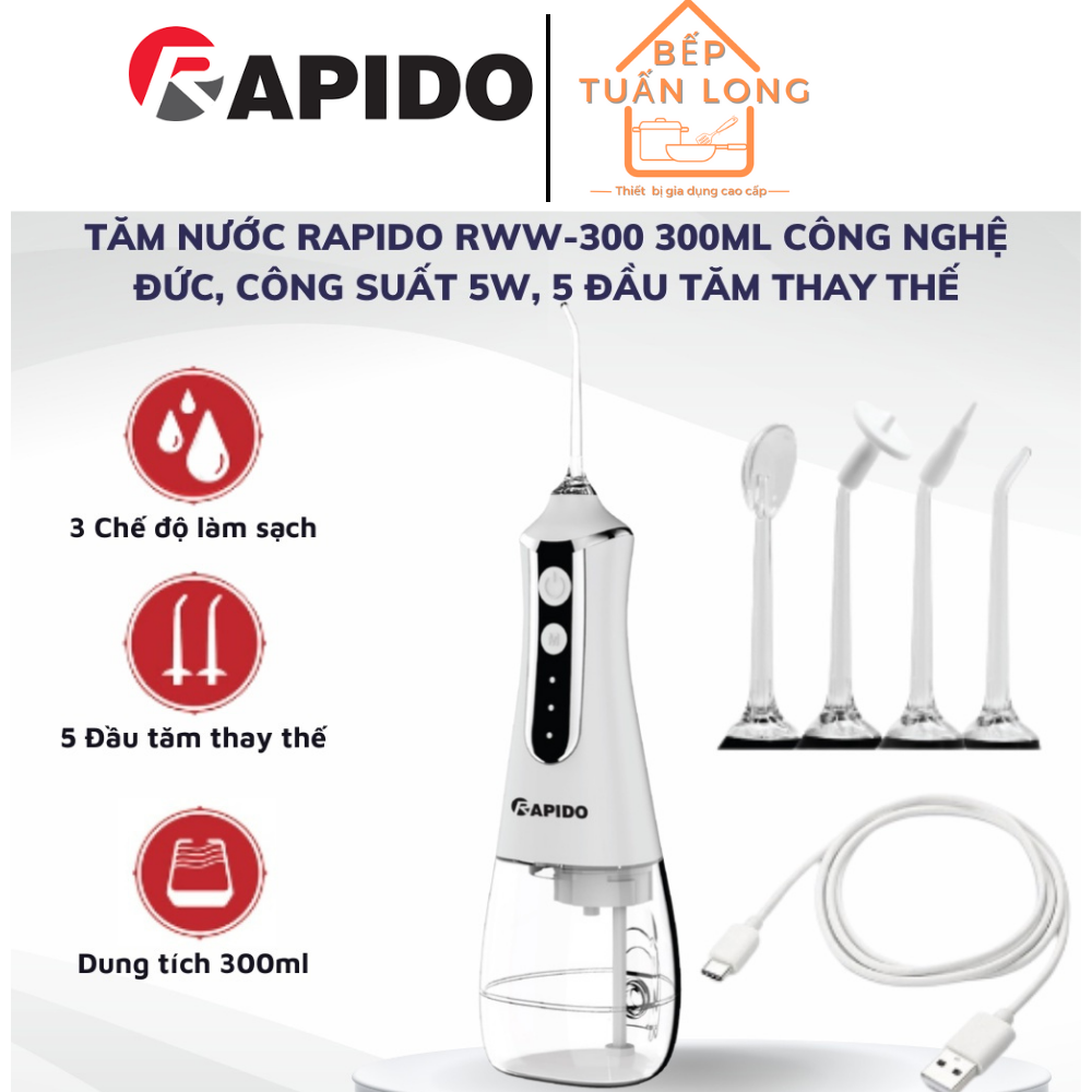 Tăm nước cầm tay chính hãng Rapido RWW300 - 300ml 5 đầu tăm thay thế