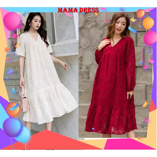 Đầm, váy bầu thời trang MAMADRESS chất ren thiết kế FREESIZE từ 42-75kg cho nàng bầu công sở V09