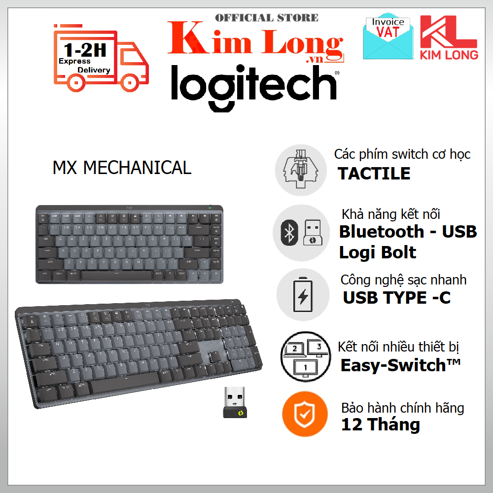 Bàn phím cơ không dây Logitech MX Mechanical I MX Mechanical Mini Tactile Wireless và Bluetooth - Bảo hành 12 tháng chính hãng