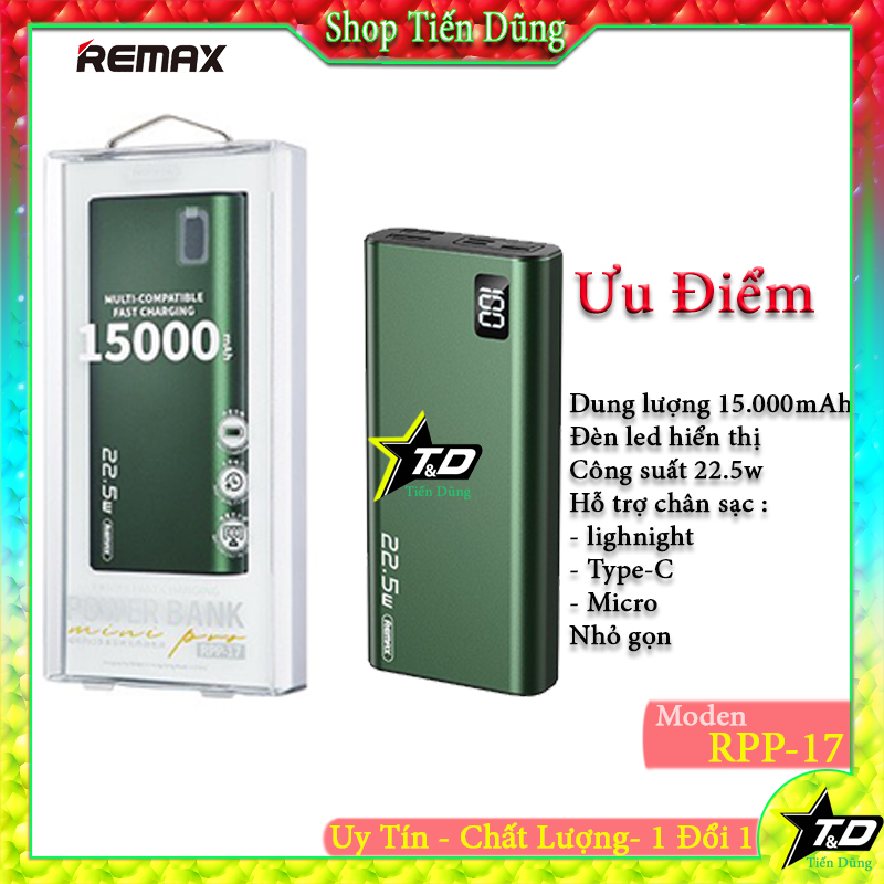 Remax rpp-17 pin sạc dự phòng mini pro 15000mah remax rpp-17 hỗ trợ cổng sạc lightnigh type-c và micro sạc nhanh 22.5w