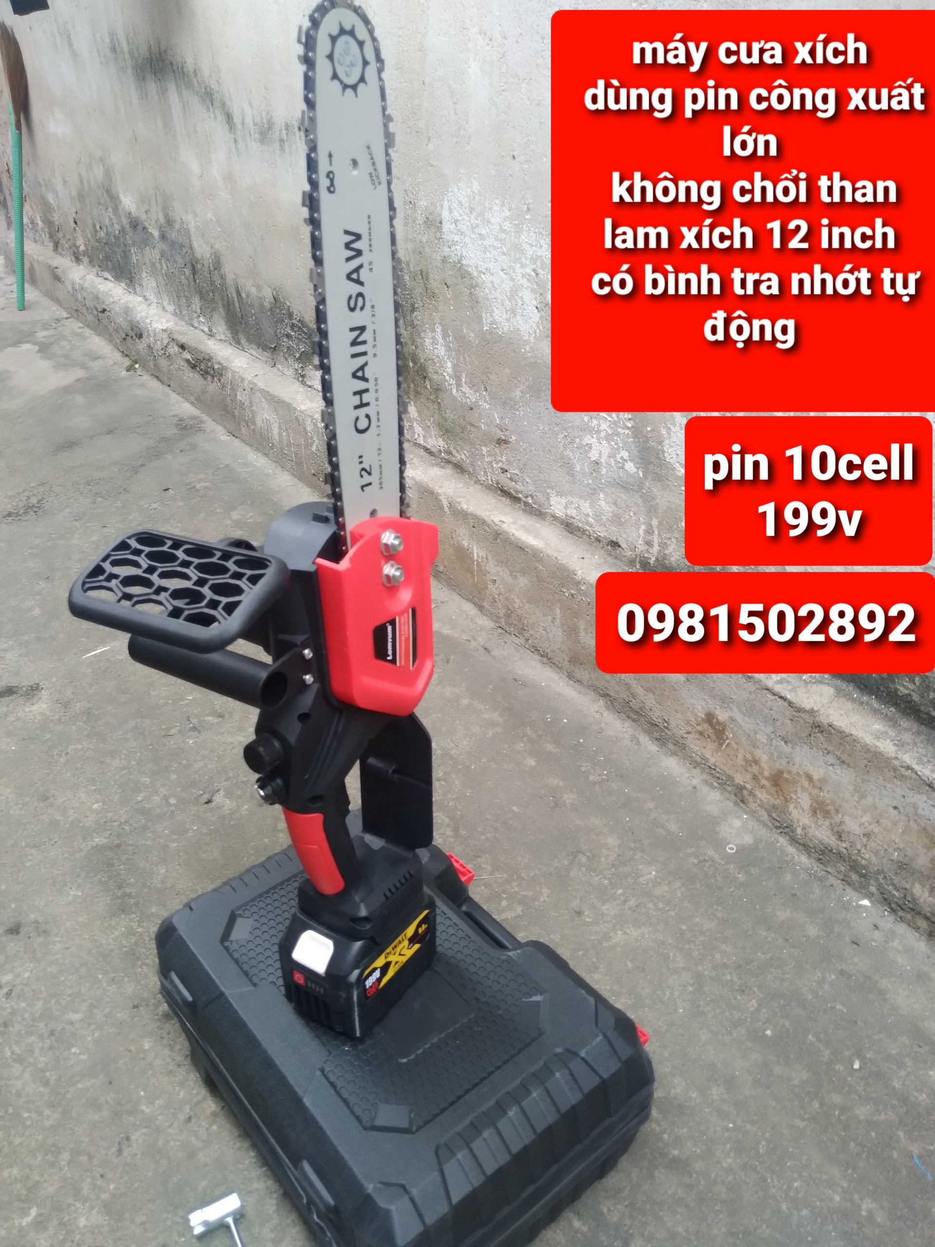 Máy cưa xích dùng pin lomvum 12 inch lam xích dài 30cm chân pin makita hoặc dewalt động cơ không chổi than, máy cưa xích tra dầu tự động, cưa pin cầm tay