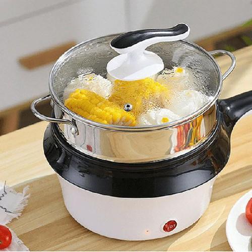 Nồi lẩu điện mini 18cm kem ca nấu mì cầm tay tặng kèm + xửng hấp innox cao cấp