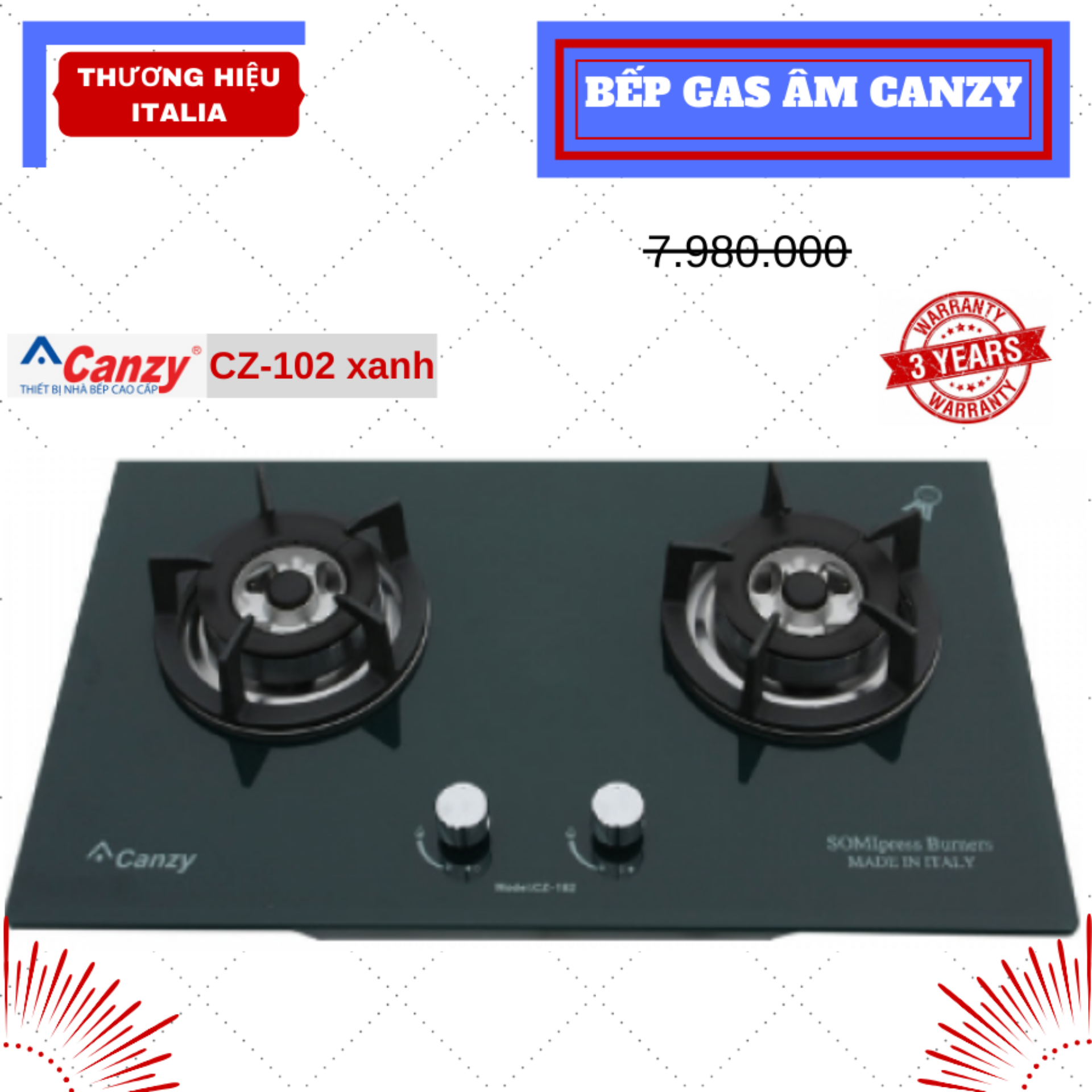 BẾP GAS ÂM CANZY CZ 102 XANH - Hàng Chính Hãng (Hotline: 0899.167.587)