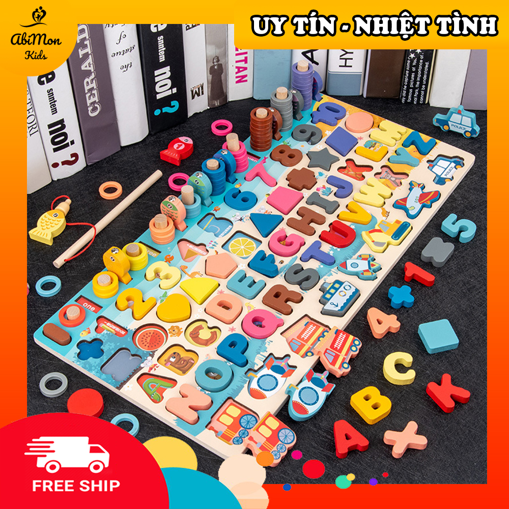 🌻 Bảng Gỗ Ghép Hình + Câu Cá Cho Bé 6 in 1 ☘️ Montessori cao cấp ✨ Đồ chơi Gỗ - Giáo dục - An toàn - Thông minh