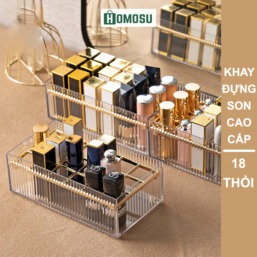 Khay đựng son trong suốt, khay đựng mĩ phẩm viền vàng mika cao cấp r003