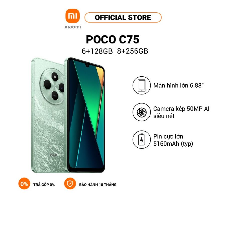 Điện thoại thông minh POCO C75 (6+128GB | 8+256GB) | Màn hình 6,88" | Pin 5160mAh | Camera kép 50MP AI