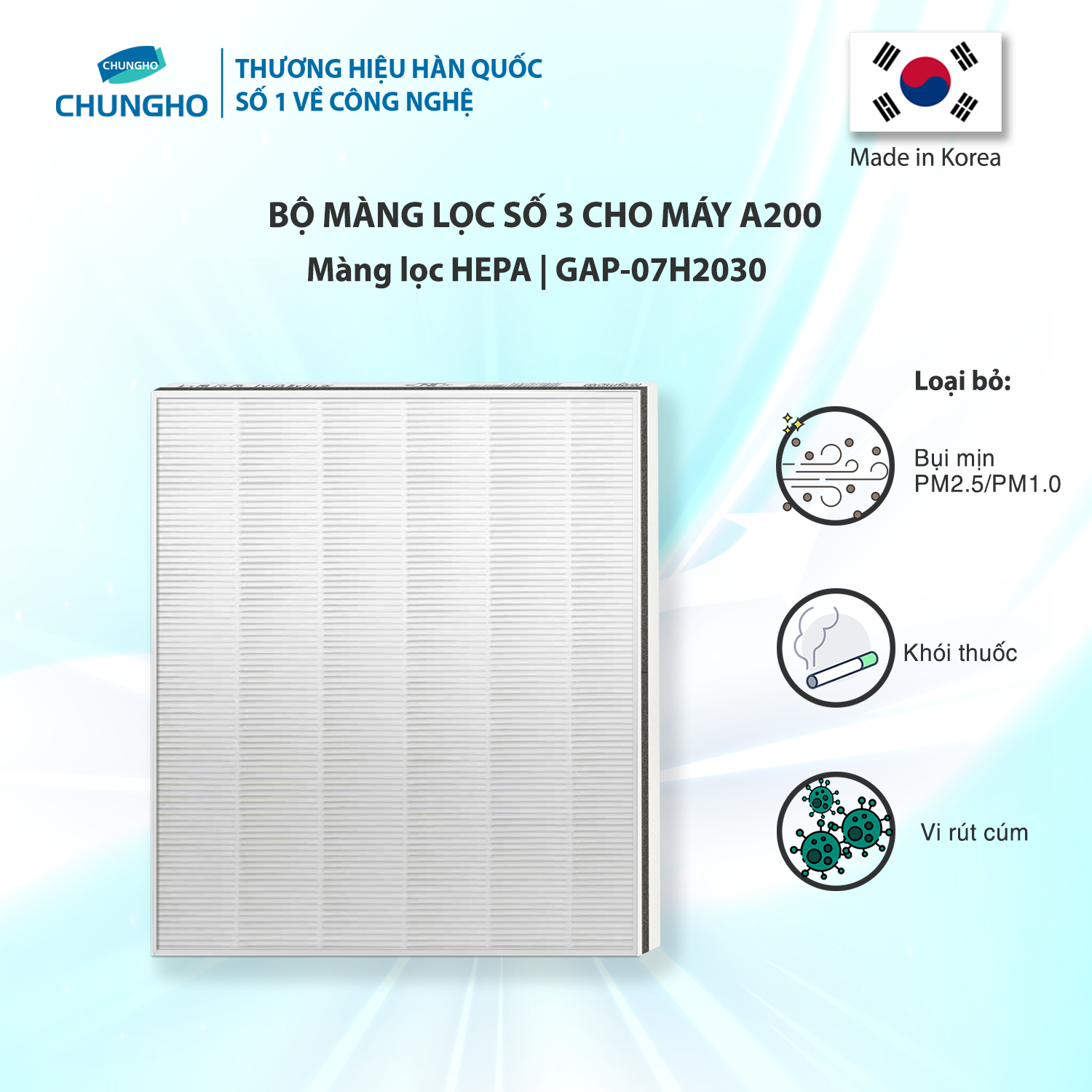 Màng lọc hepa™ cho máy lọc không khí chungho a200 gap-07h2030, màng lọc không khí chungho, màng lọc không khí số 3.