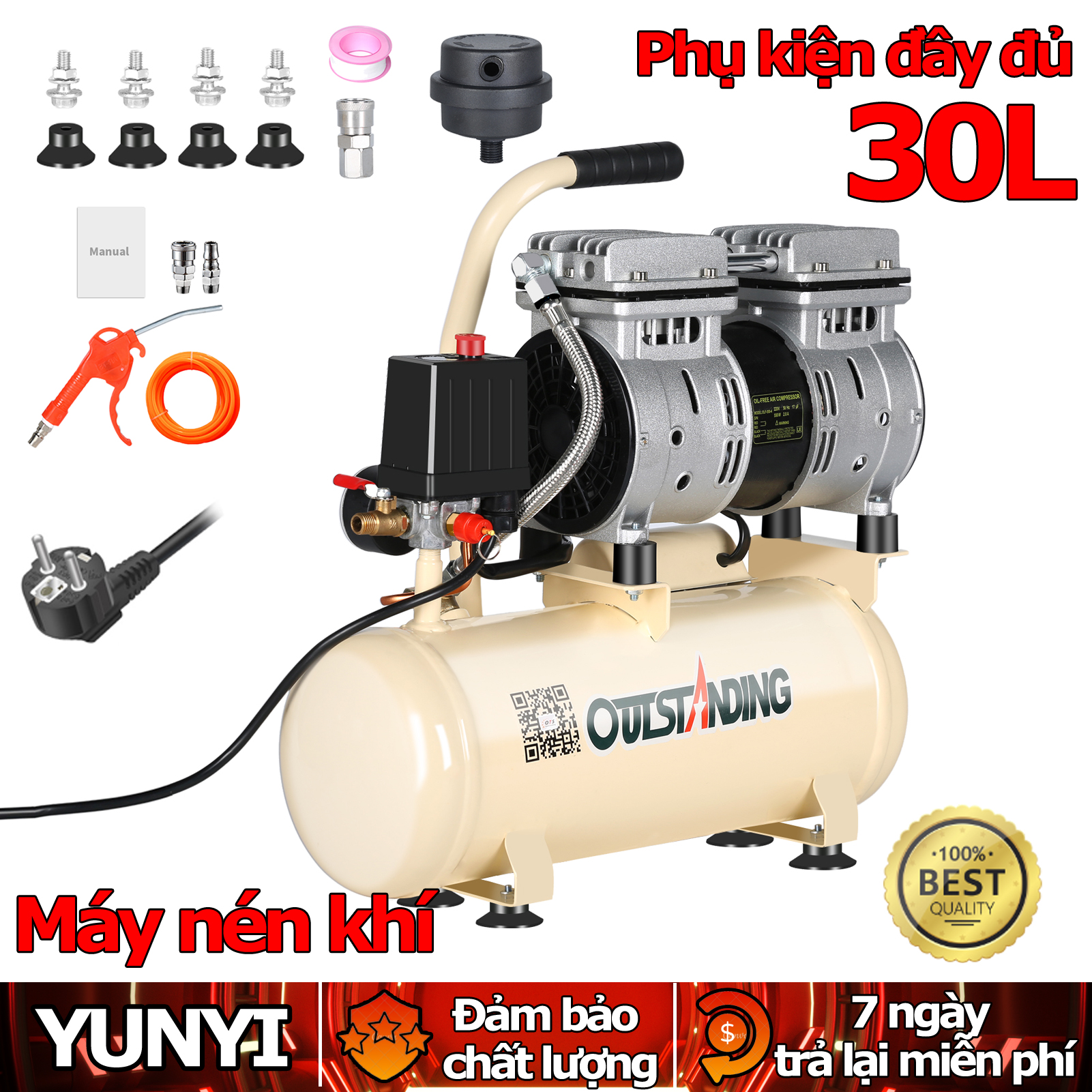 Máy nén khí không dầu, máy nén khí bình chứa phun sơn, máy hơi 30l 1500w, máy nén khí sạch - không ồn, cam kết dây đồng hàng chuần