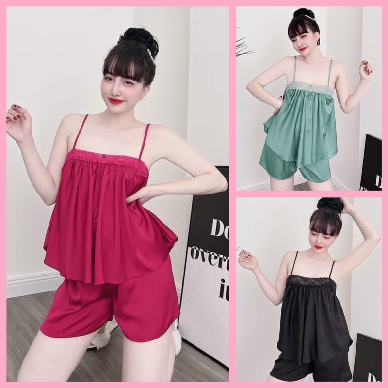 Bộ ngủ sexy- đồ ngủ satin đính hạt phối ren form 40-55kg