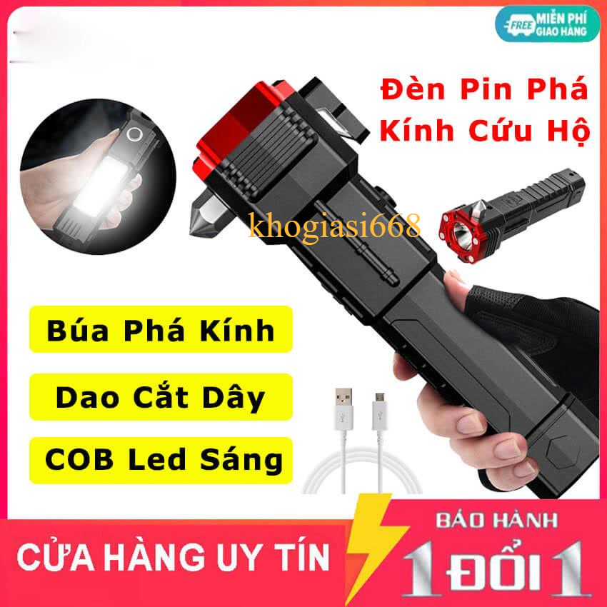 Đèn pin cầm tay siêu sáng đa năng có búa phá kính ô tô, thiết bị cắt dây an toàn, đèn pin cứu hộ thoát hiểm xe hơi, búa phá kính xe hơi ô tô