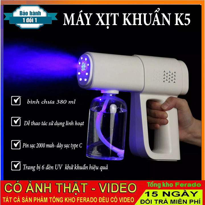 Máy Phun Khử Khuẩn Cầm Tay K5 Cao Cấp [Có Đèn Hồng Ngoại] Máy xịt khử khuẩn phun sương mini 8 tia