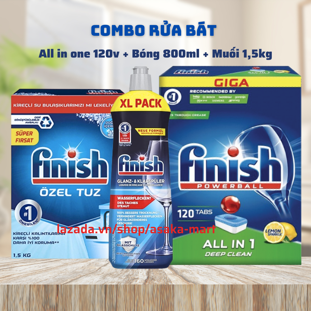 Combo rửa bát Finish Hộp All in one 120v+Muối 1,5kg+ Bóng 800ml đủ loại combo dùng cho máy rửa bát chén