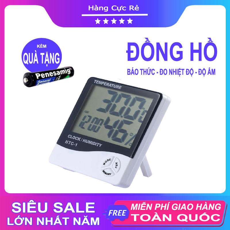 Đồng hồ đo nhiệt độ, độ ẩm - Đồng hồ điện tử để bàn màn hình số LCD phiên bản có báo thức + Tặng kèm 1 Pin AAA - Shop Hàng Cực Rẻ