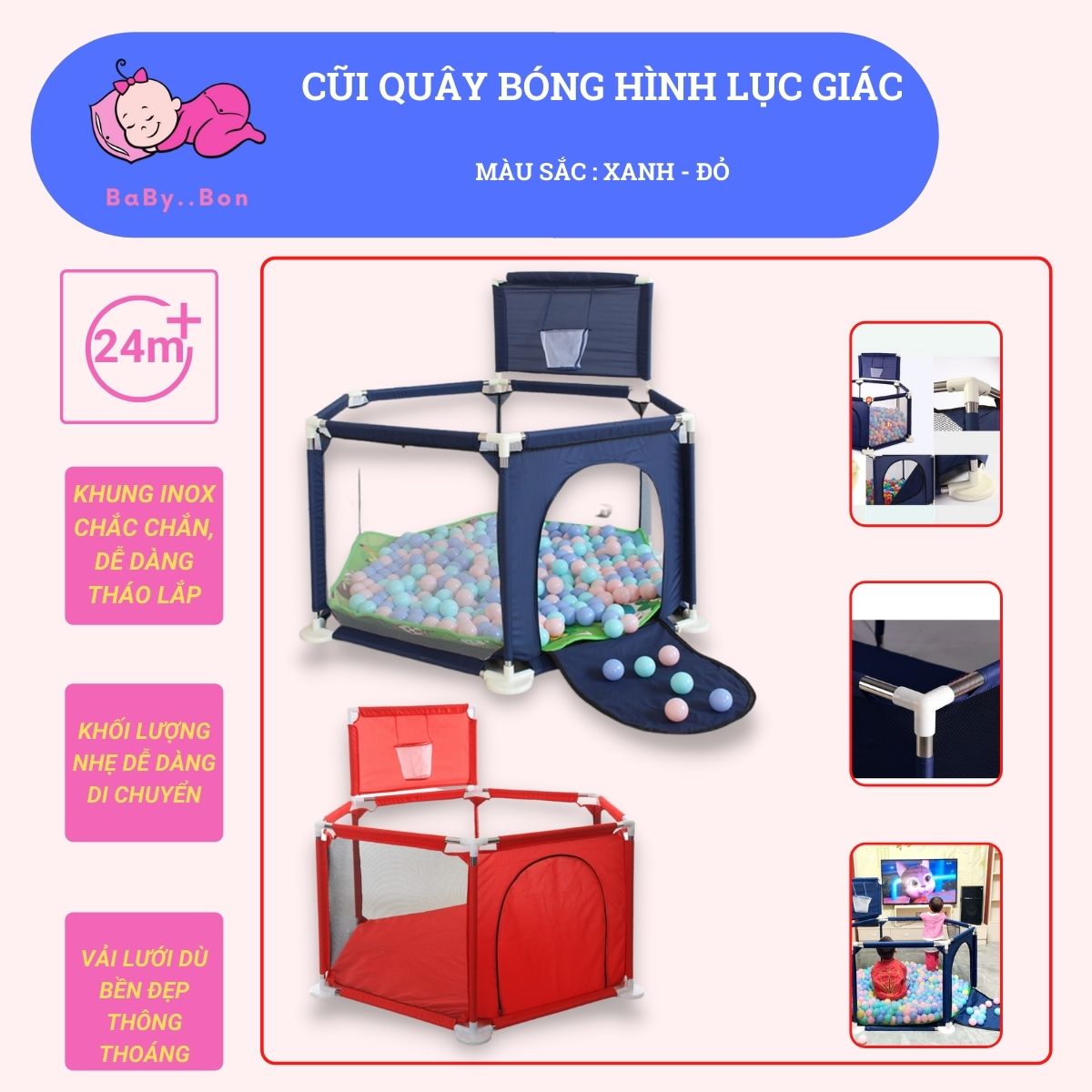 Cũi quây bóng hình lục giác cho bé, Chất liệu khung inox và vải lưới dù chắc chắn thoáng mát babybon
