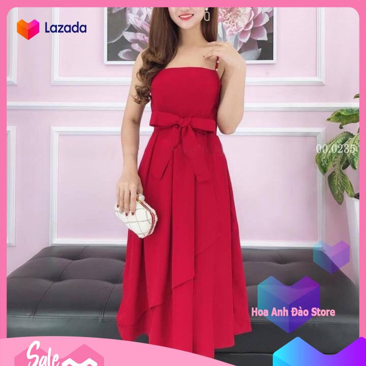 [HCM][ Đầm Đẹp ] Đầm Nữ Xòe 2 Dây Buộc Nơ Eo Thời Trang Hoa Anh Đào