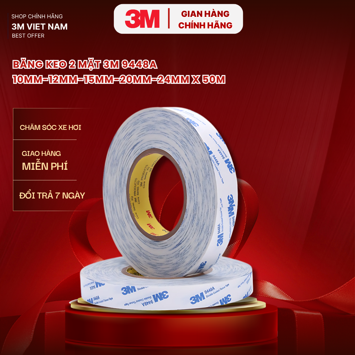 Băng keo 2 mặt mỏng 3M Double Coated Tissue Tape 9448A - nhiều size - Trắng xanh
