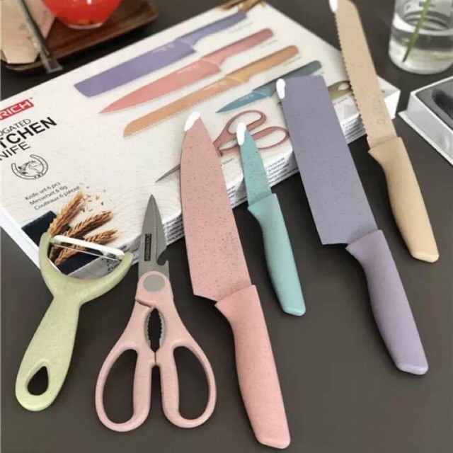 Bộ dao lúa mạch kháng khuẩn 6 món hộp đựng cao cấp, set dao 6 chi tiết lúa mạch dụng cụ nhà bếp
