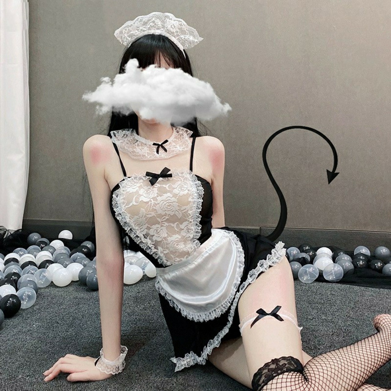 Váy ngủ hầu gái voan lưới fullset kèm phụ kiện và tất - HG01