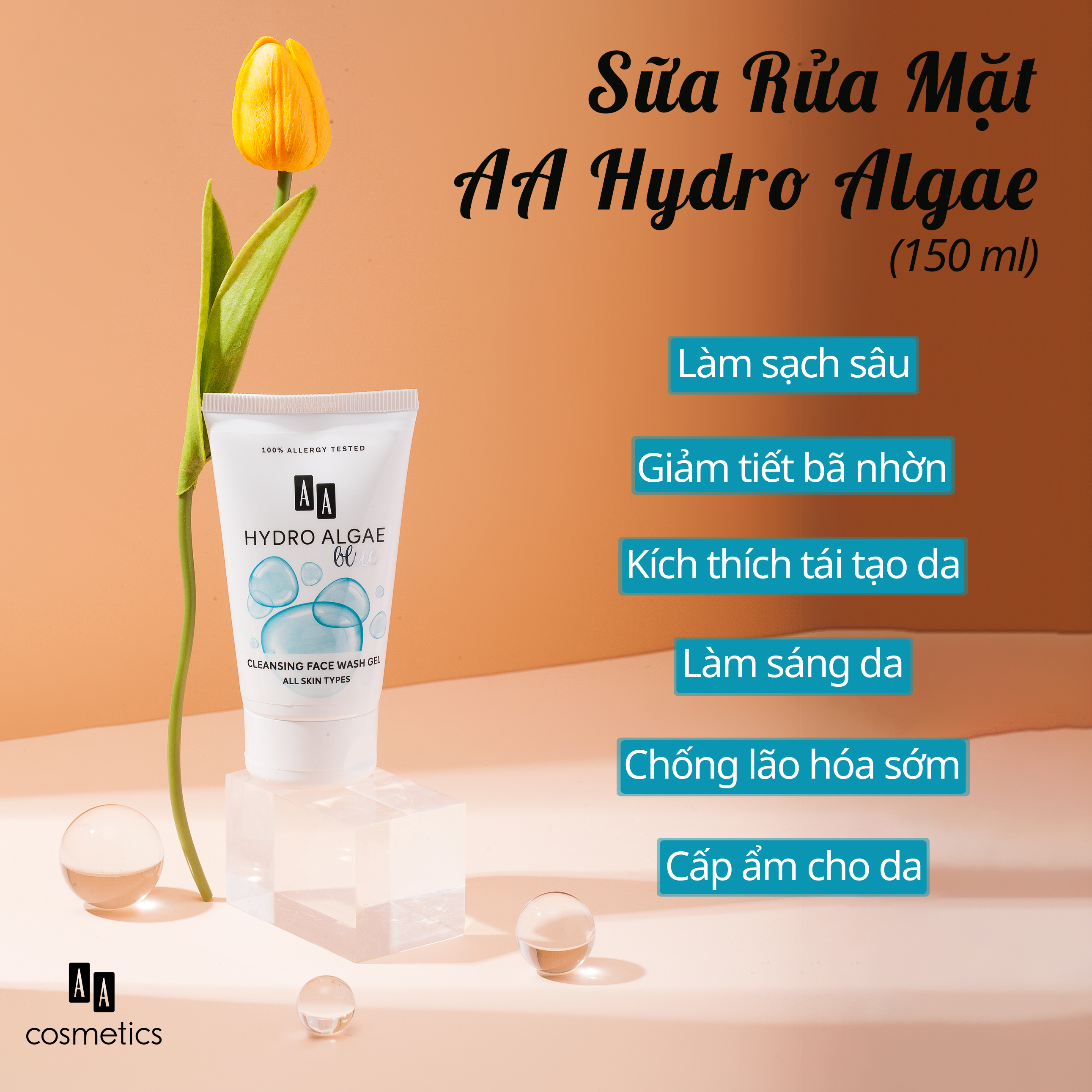 Sữa rửa mặt aa hydro algae- aa cosmetic tặng kèm bông tẩy trang siêu hịn