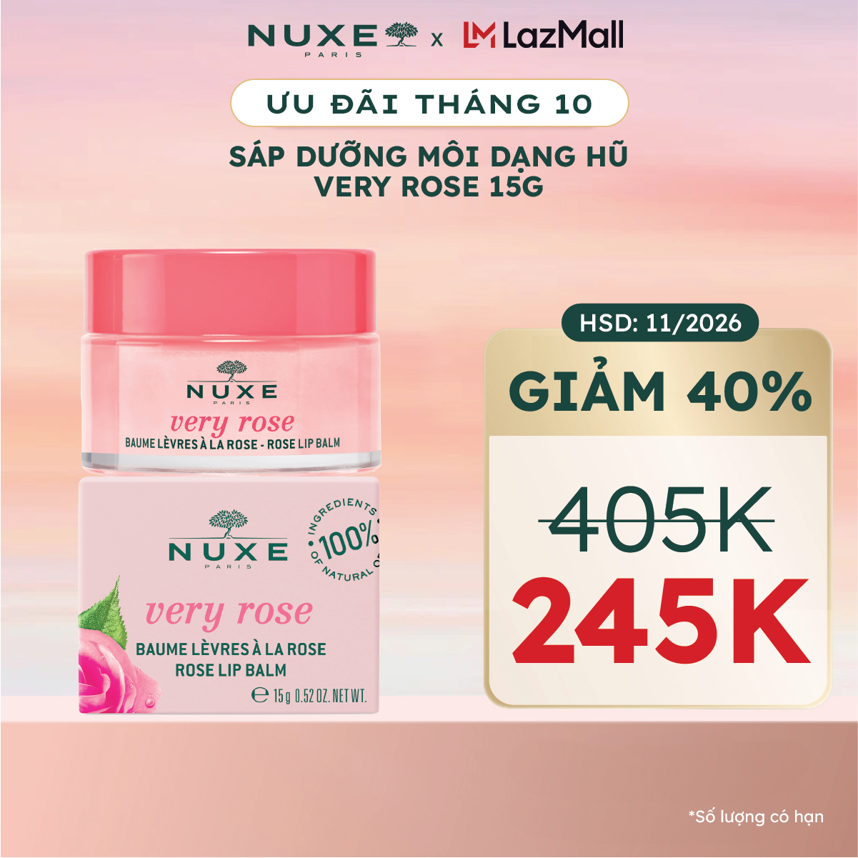 [DATE 11/2026] Son dưỡng môi dạng hũ Nuxe Very Rose 15g
