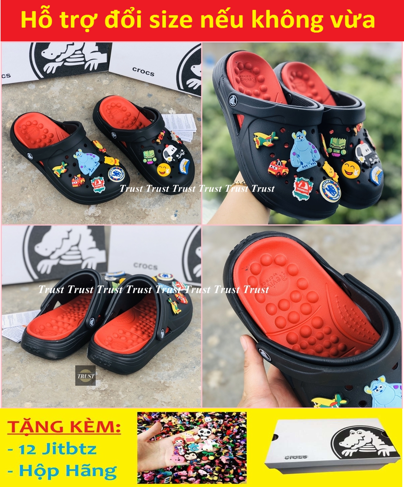 Dép sục Crocs REVIVA đế mát xa quai ngang nam nữ màu đen đỏ, cá tính siêu nhẹ đi mưa đi nắng thoải mái chống trơn trượt, có nhiều lỗ thoát hơi thông thoáng, tặng kèm 12 jitbitz và hộp hãng - có hình thật và video