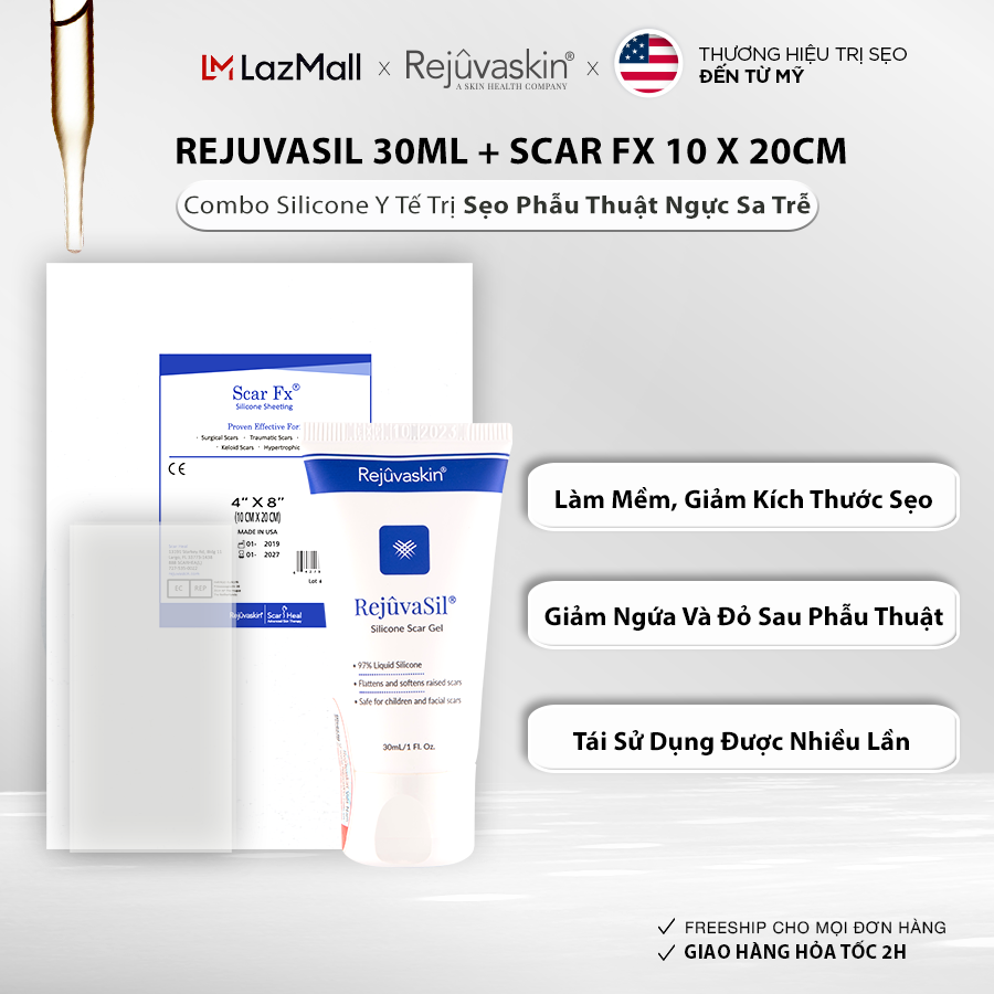 Bộ sản phẩm xóa mờ sẹo lồi, phì đại rejuvaskin scar fx 10cm x 20cm và rejuvasil 30ml