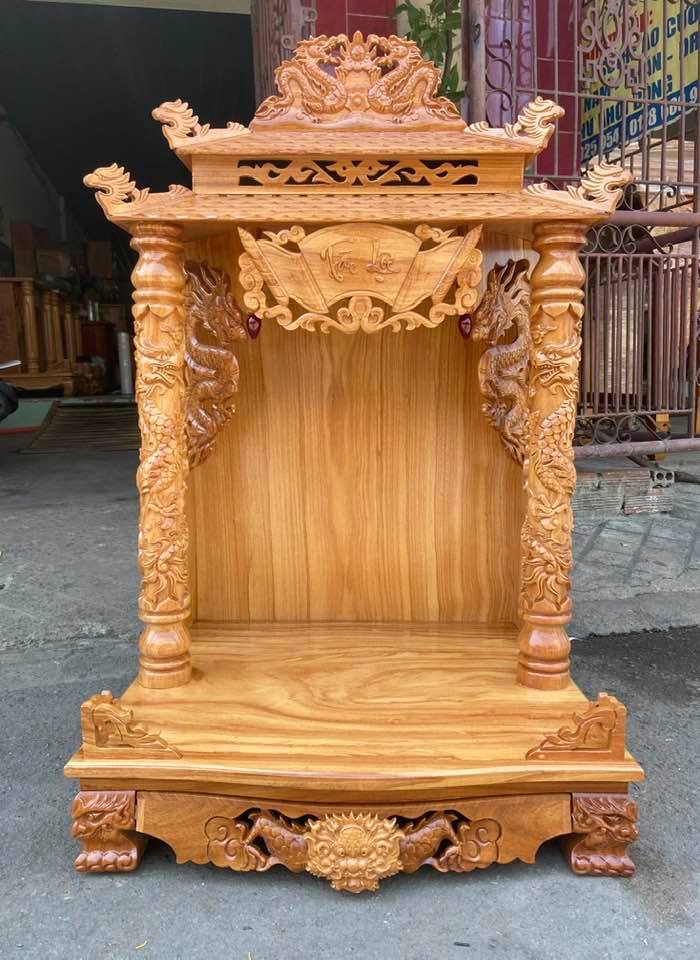 Bàn thờ thần tài mái ngói 68 x 127cm - Bàn thờ thần tài ông địa gỗ gõ đỏ, ngăn kéo to