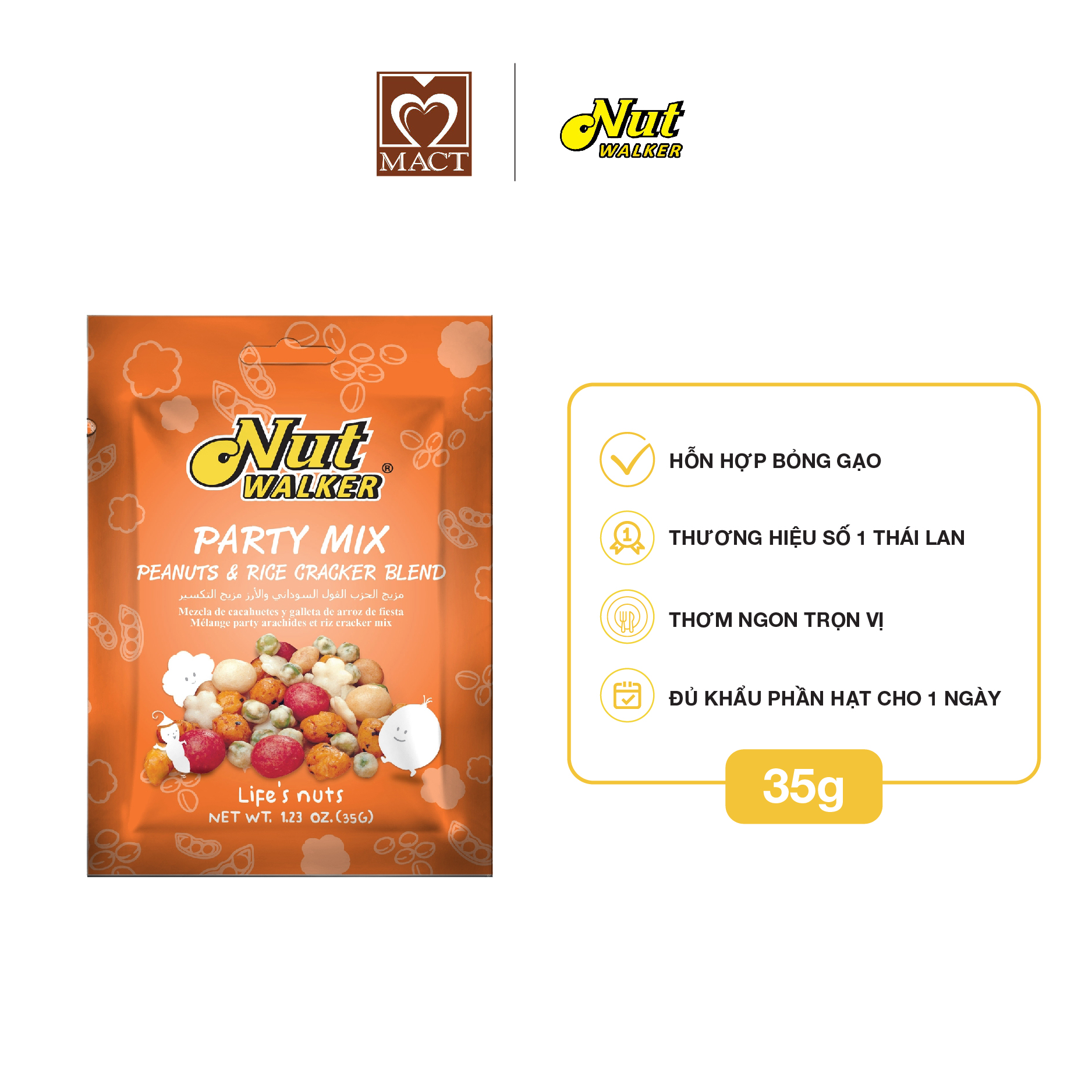 Hạt rang nut walker - vị hỗn hợp party mix - túi 35g