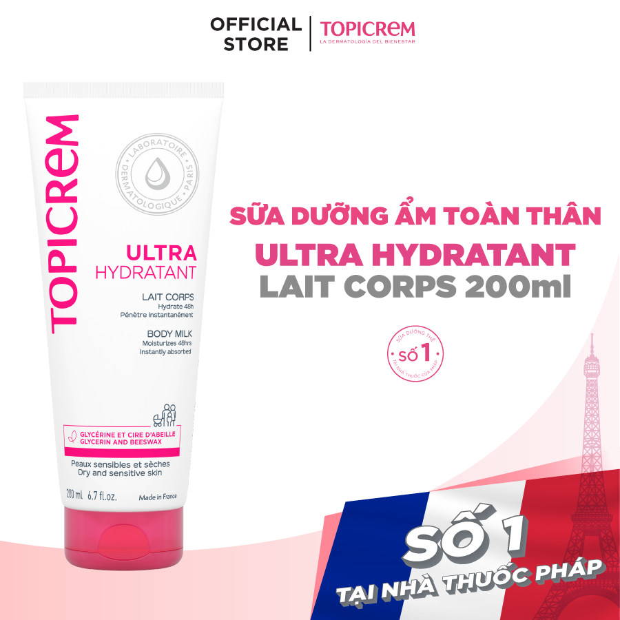 Sữa dưỡng thể siêu dưỡng ẩm TOPICREM ULTRA HYDRATANT LAIT CORPS 200ml dưỡng ẩm và làm mềm da cho cả gia đình