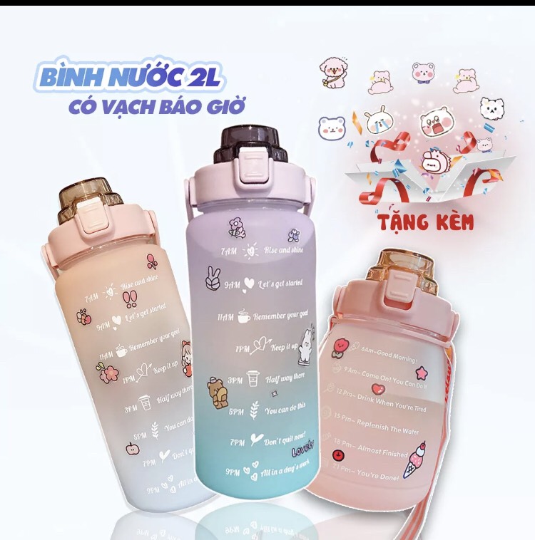Bình nước có vạch báo giờ uống nước kèm dây đeo tặng kèm sticker 2d 1l - 2l bình nước thông minh - dumi shop