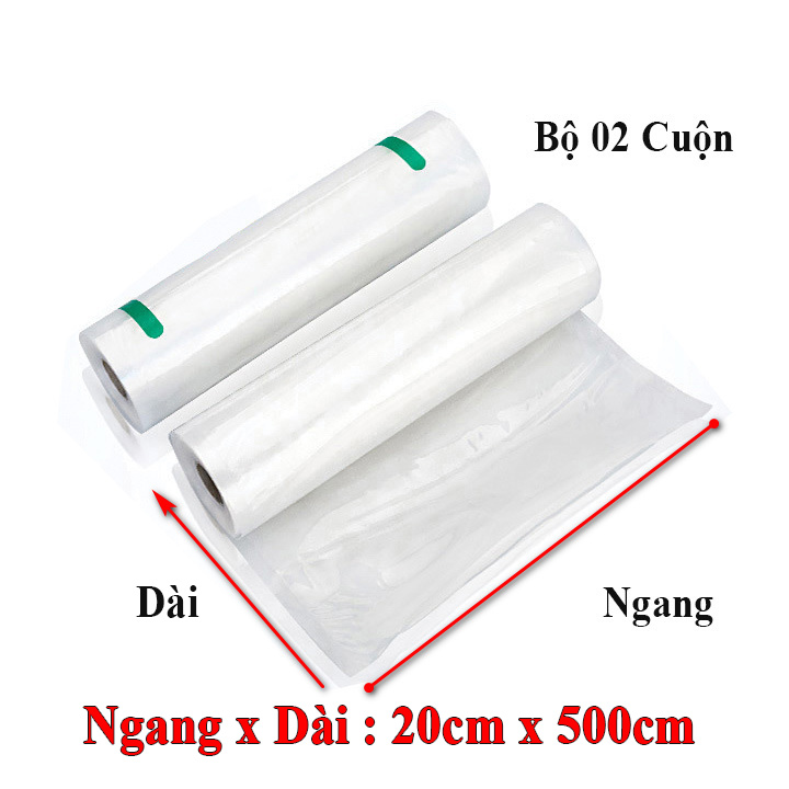 túi hút chân không 1 mặt nhám dạng cuộn 20x500cm, bộ 2 cuộn, hạt nhám sần, hàn kín kẽ, chiều dài mỗi cuộn 5 mét, chiều ngang 20cm, túi dẻo loại tốt