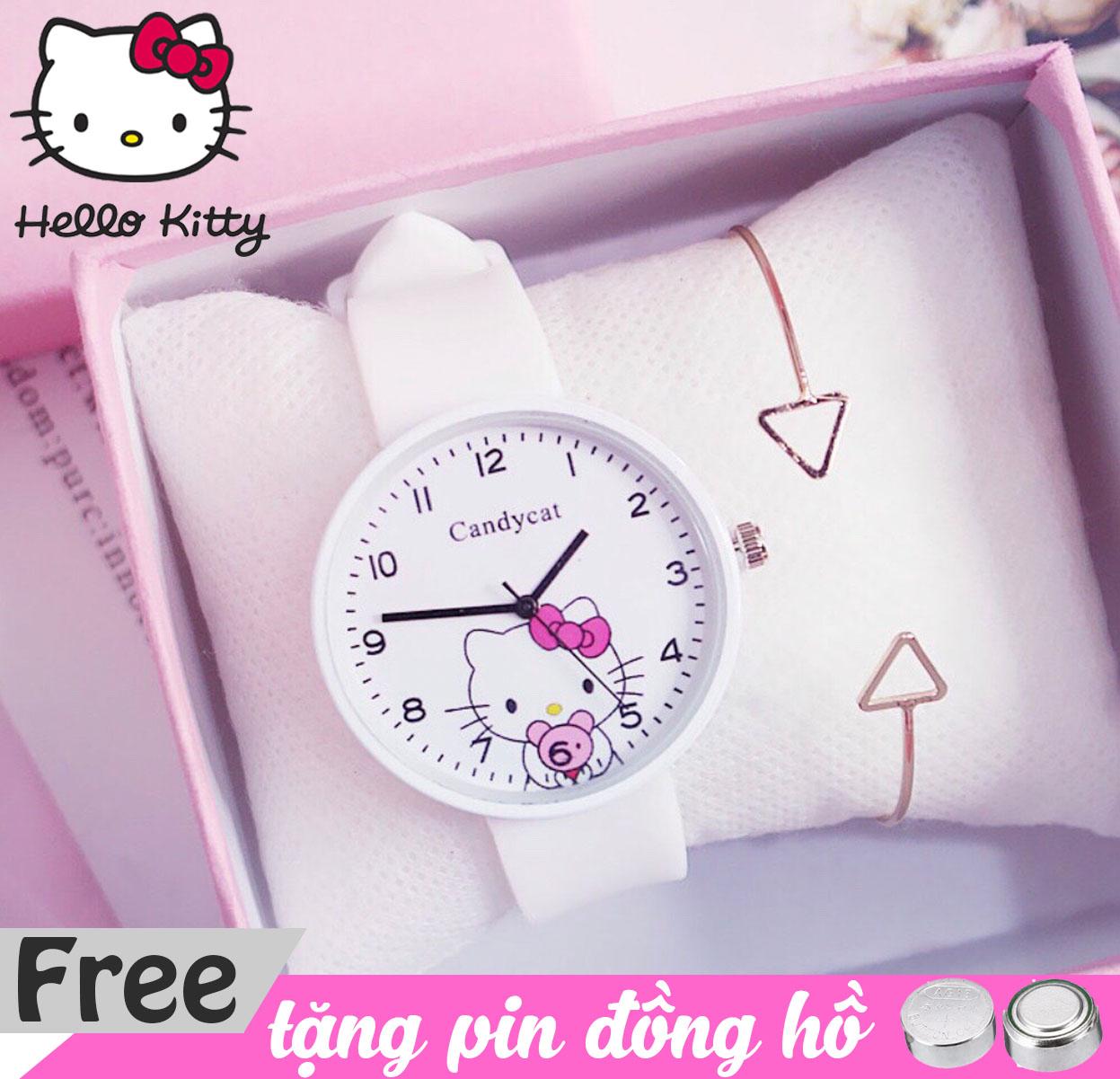 [HCM]đồng hồ dây cao su Candycat hình Hello Kitty cực xinh dây cao su mềm dẻo được tặng 1 viên pin kèm theo