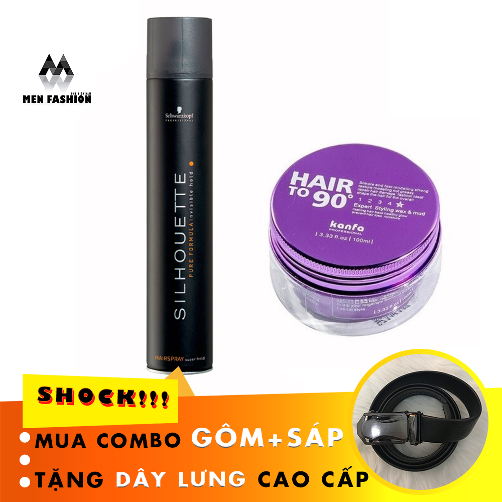 Combo gôm silhouette + sáp hair to 90, gôm xịt giữ nếp tóc, keo xịt tóc, keo vuốt tóc, xịt tạo kiểu cho nam và nữ, giữ nếp cực lâu, không bóng, không bết, sáp tạo kiểu, tặng dây lưng cao cấp