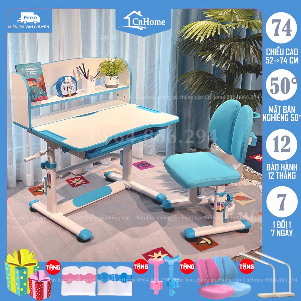 Bàn học cho bé chống gù chống cận thông minh CnHome A8 🎁𝑭𝑹𝑬𝑬𝑺𝑯𝑰𝑷🎁TẶNG ĐÈN HỌC, ĐỆM NGỒI, CHỐNG CẰM VÀ KẸP GIỮ SÁCH