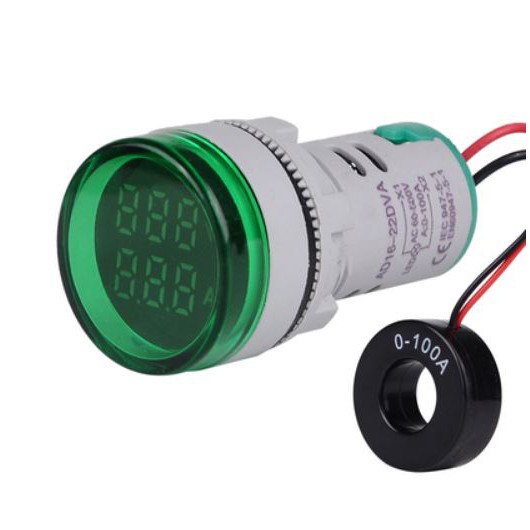 Đèn báo hiển thị kép volt ampe hình tròn phi 22 ac 50-500v 0-100a