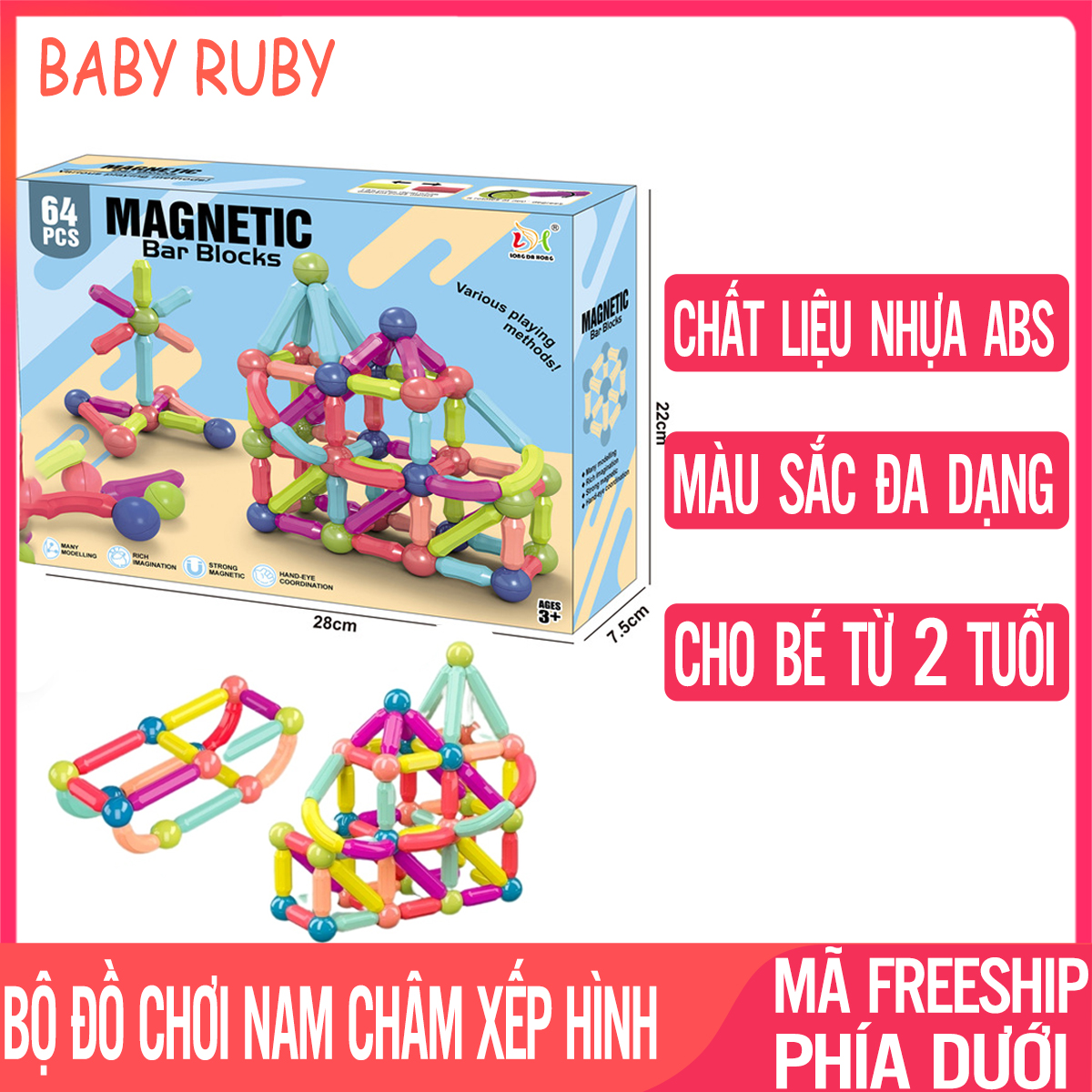 Bộ Xếp Hình Nam Châm - Chất Liệu ABS, An Toàn Cho Bé, Giúp Bé Phát Triển - Bộ xếp hình nam châm 64 chi tiết, bộ xếp hình nam châm cho bé,  bộ xếp hình nam châm magnetic,  bộ xếp hình nam châm 3d,  bộ đồ chơi xếp hình nam châm