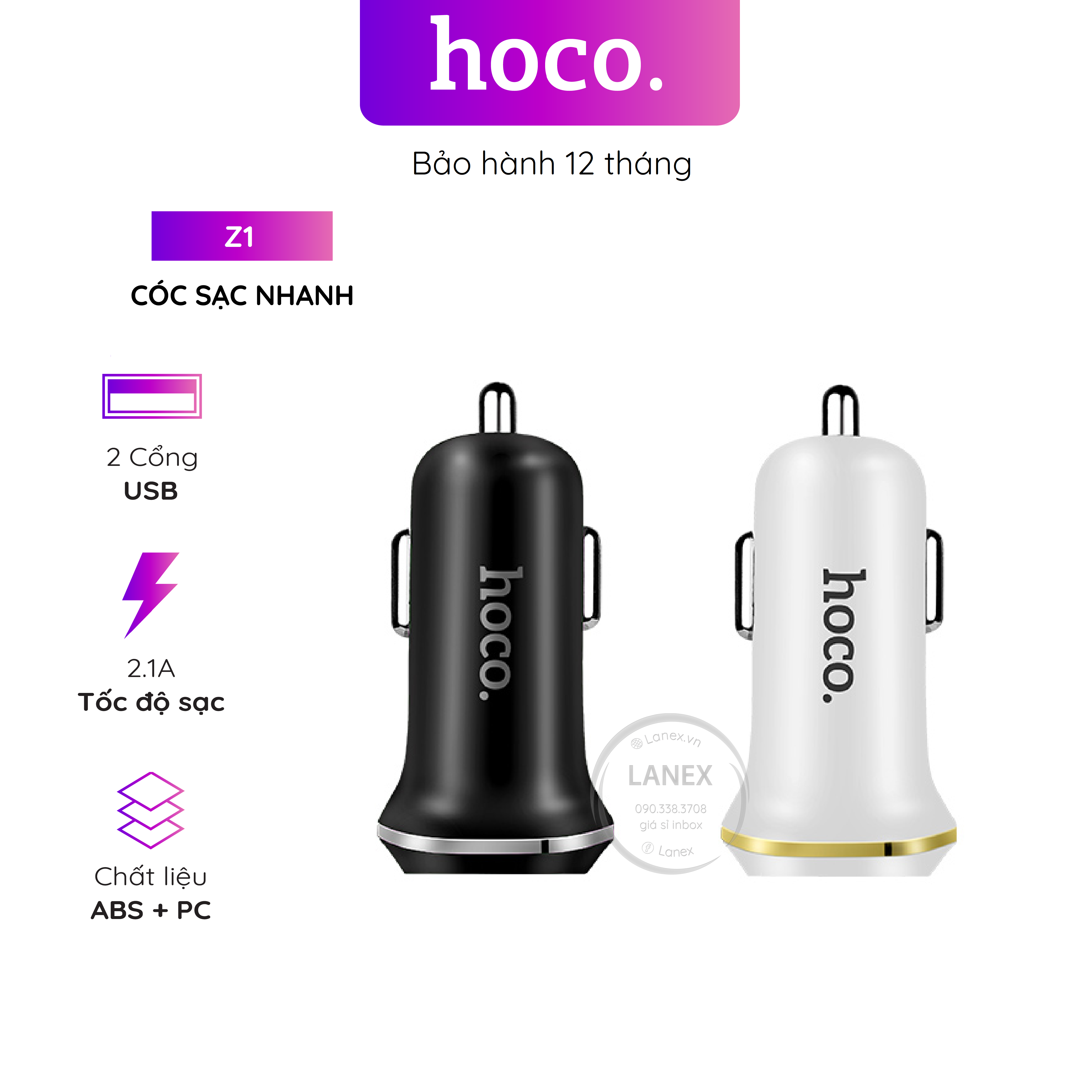 Cóc sạc nhanh hoco z1 xe hơi 2 cổng usb 2.1a