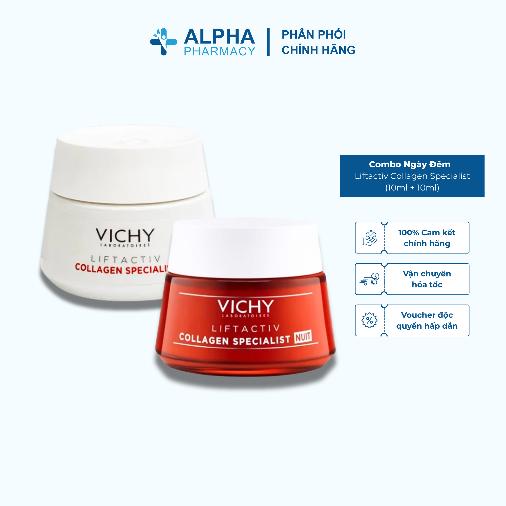  Combo Kem Dưỡng Ngày Đêm Vichy Liftactiv Collagen Specialist Chống Oxy Hóa Ngừa Lão Hóa & Săn Chắc Da – 10ml 50ml 
