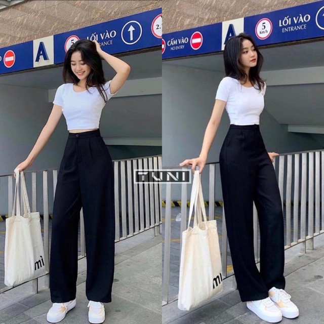 Quần ống suông lưng cao khuy giữa